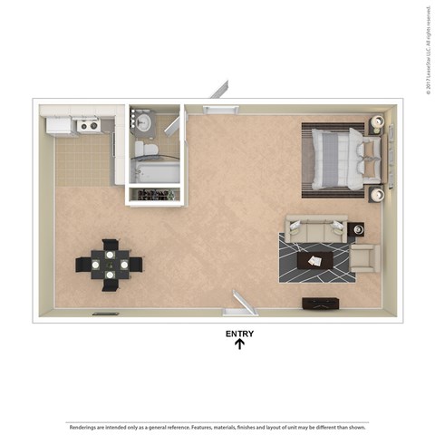 A floor plan of a room with a kitchen area, a bathroom, and a living room.